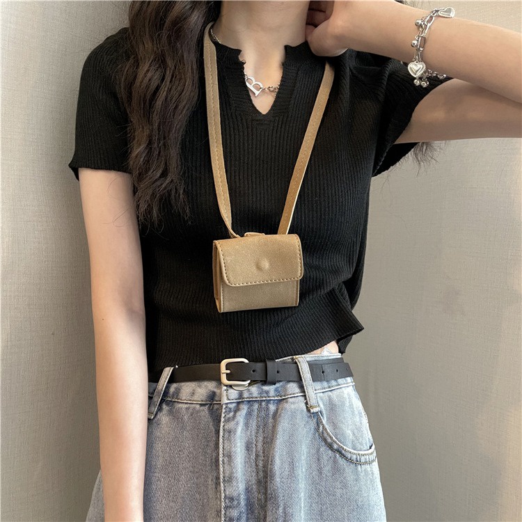 Áo dệt kim ZHELIHANGFEI ngắn tay cổ chữ V ôm dáng xinh xắn thời trang