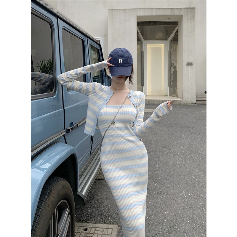 đầm ôm hai mảnh dệt kim họa tiết kẻ sọc mẫu mới chất lượng cao cho nữ