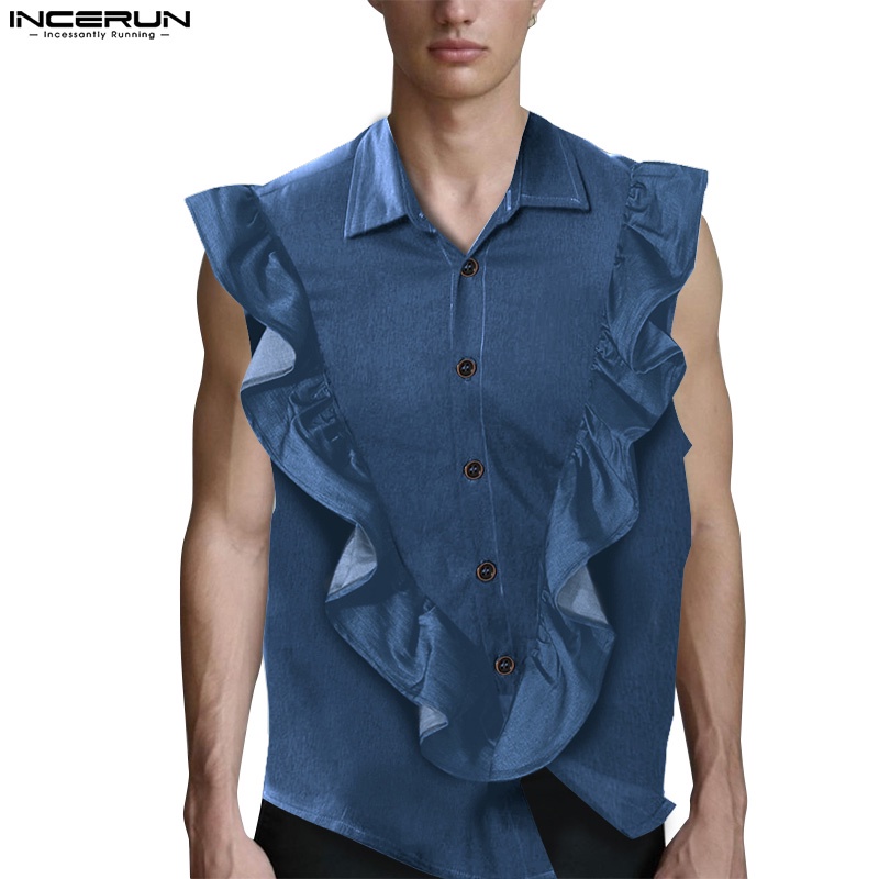 Áo sơ mi INCERUN không tay màu trơn cổ bẻ phối bèo thời trang cho nam