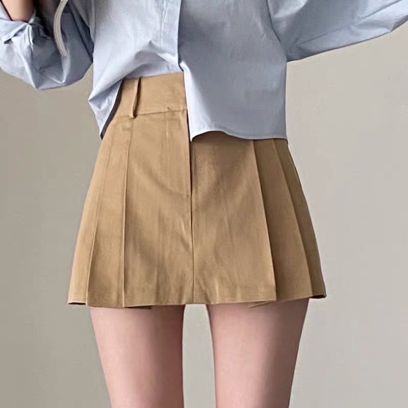 MERSHE • Chân Váy Chữ A Ngắn Kaki Xếp Ly Dấu Khoá