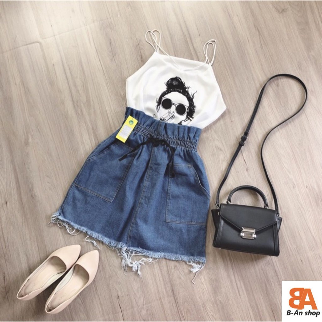 Sét chân váy jean + áo dây voan