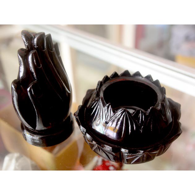 Lư xông trầm hương hình bàn tay Phật bằng gỗ sơn đen cao 19cm