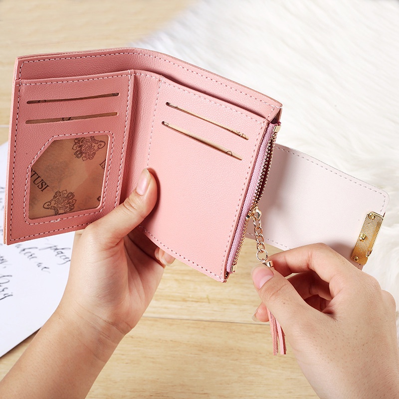 Fashion Tassels Short Wallet Bag for Women  Leather Clutch Bags Cute Korean Card Holder Female Folding Small Coin Purse