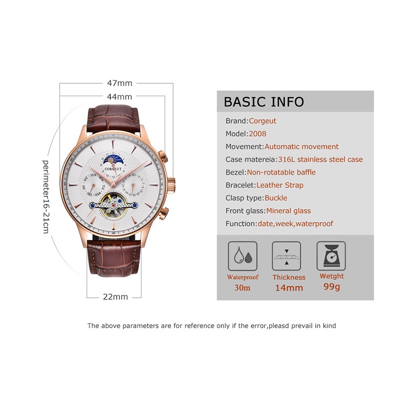 Đồng Hồ Nam Cơ Tự Động Corgeut Nhật Bản,Thời Trang, Cao Cấp-Máy Cơ Automatic Nhật sang trọngTinh Tế đẳng cấp kính saphir