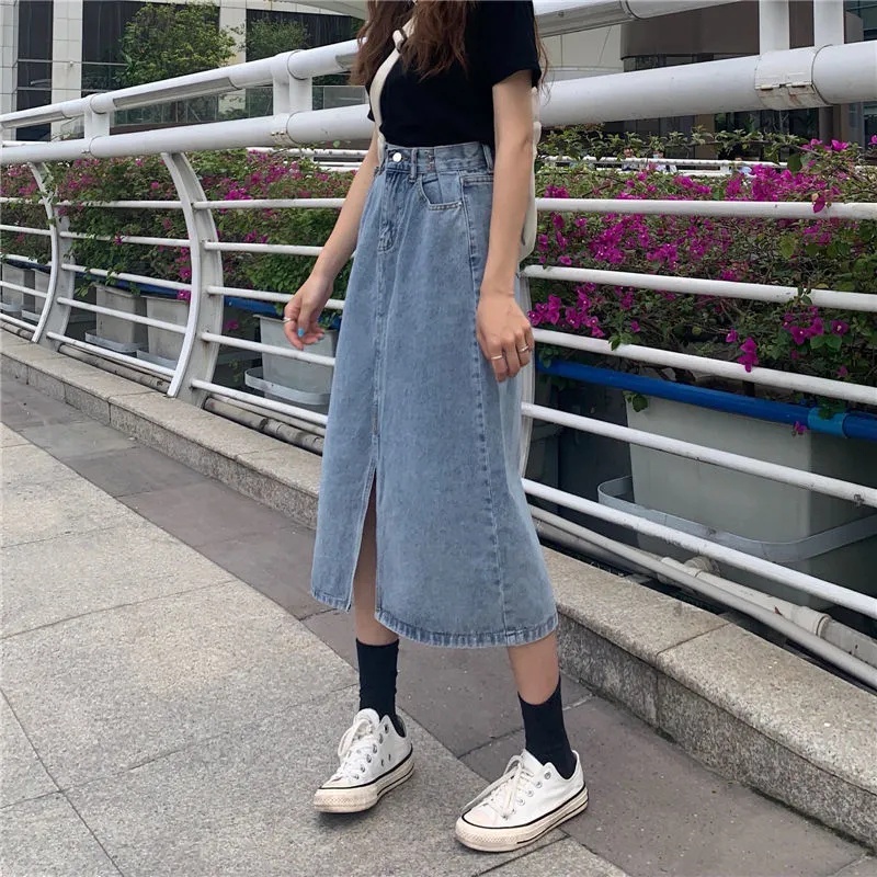 Chân váy jean SUXI dáng chữ A lưng cao màu trơn thời trang cổ điển cho nữ