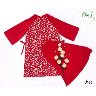 Set áo dài hoa nhí đỏ cho bé