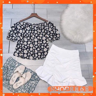Set áo trễ vai hoa cúc + chân váy đuôi cá- shop8868