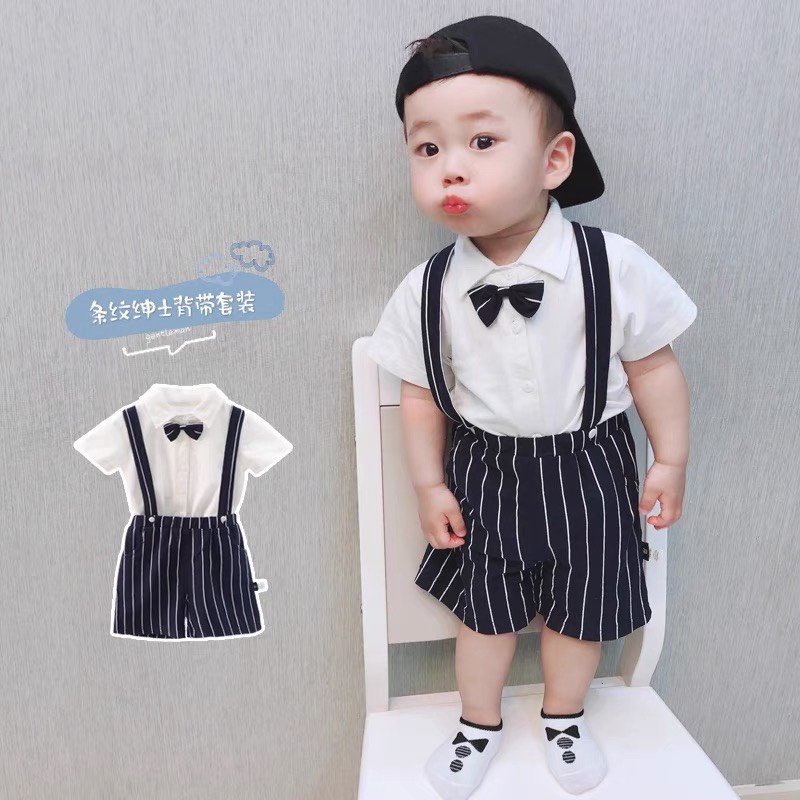 Bộ quần áo bé trai, set công tử gồm Áo sơ mi cộc tay, cổ vest và quần yếm kẻ sọc cho bé từ 7 đến 18 kg, SUN KID'S
