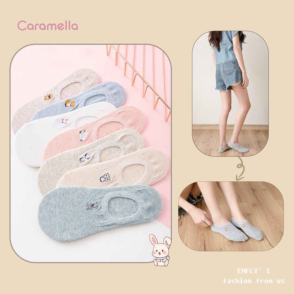 Tất lười nữ Caramella set 7 đôi thêu hình thú cưng xinh xắn, vớ nữ đi giày búp bê freesize chân từ 34-39 mẫu 2021