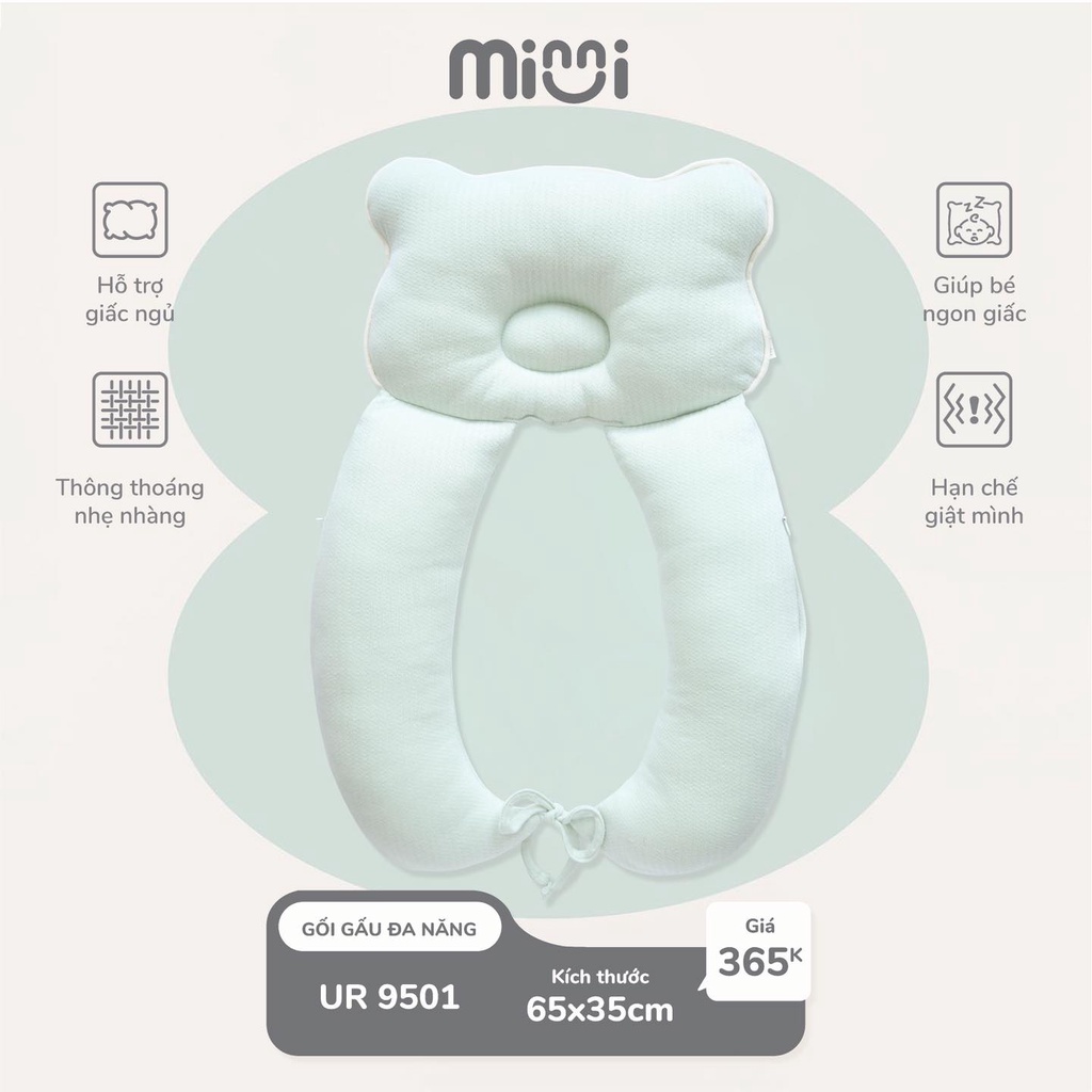 Bộ gối Minni Uala Rogo gấu đa năng 65x35cm cho bé sơ sinh cao cấp ruột gối sợi bông tự nhiên 100% cotton chống bẹp đầu