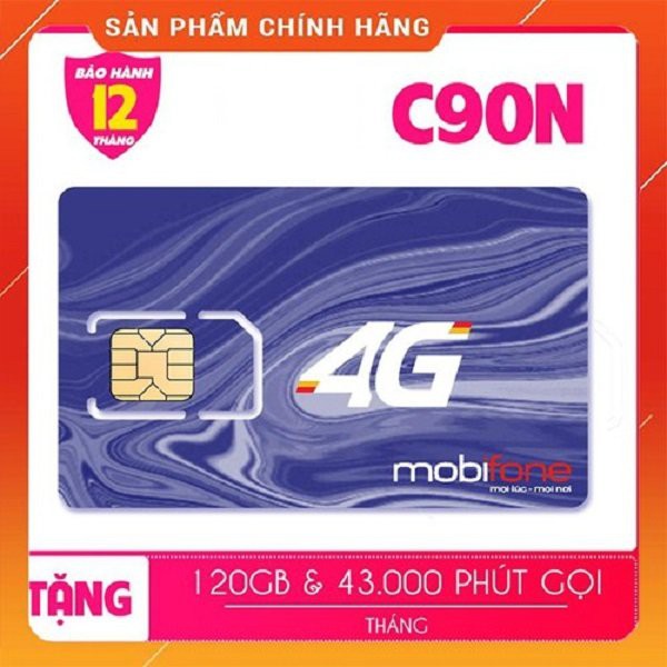 Sim 4G Mobifone C90N Miễn Phí Tháng Đầu gói 4GB/ngày - 120GB/tháng 4G tốc độ cao + Tặng 50phút gọi ngoại mạng mỗi tháng