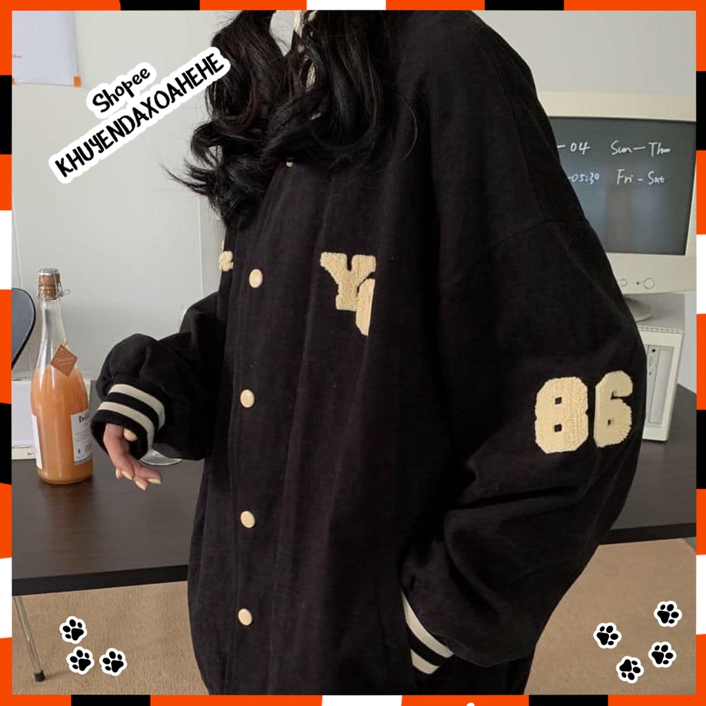 AK006 Áo bomber chữ vàng form rộng cài cúc Ulzzang unisex, áo khoác nam nữ đen cúi bấm freesize thu đông cá tính trẻ