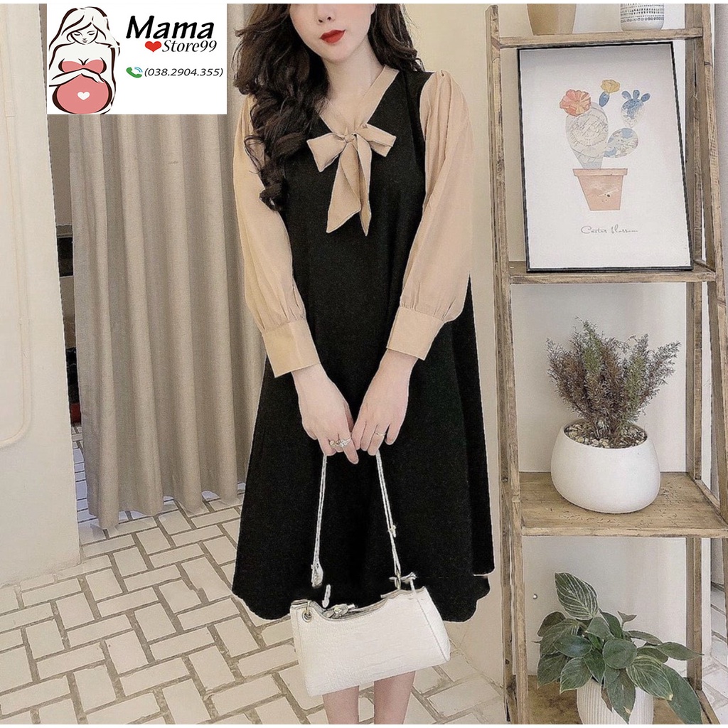 Váy Bầu Thu Đông Đầm Thiết Kế Công Sở Phối Nơ Xinh Dáng Suông Tay Dài V0078 Mama Store99