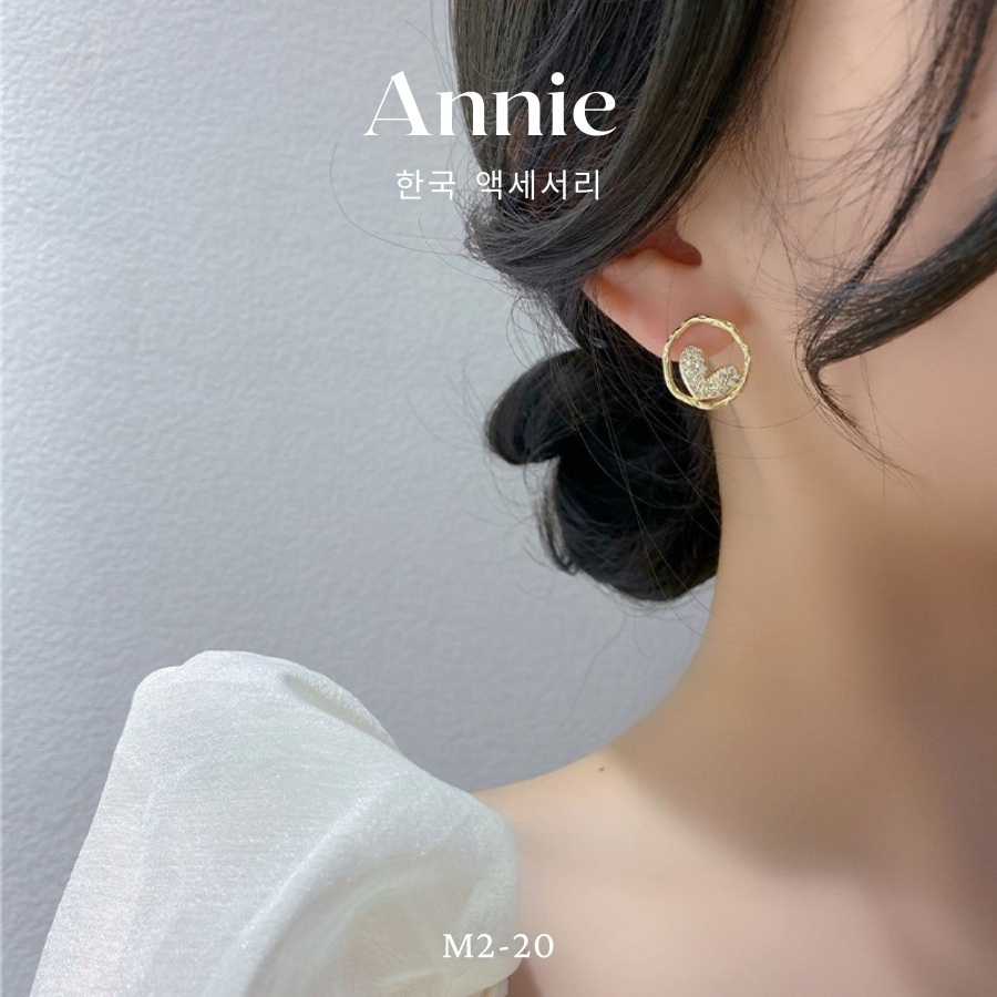 Bông tai tim tròn đính đá mạ vàng phong cách hiện đại cá tính ANNIE - M2-20