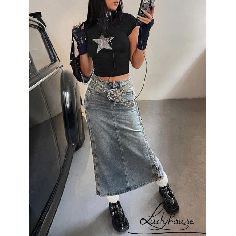 Áo Thun Croptop Tay Ngắn Cổ Tròn In Hình Ngôi Sao Đính Kim Sa Lấp Lánh Thời Trang Mùa Hè Cho Nữ