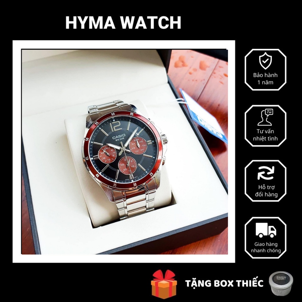 Đồng hồ nam dây thép viềng đỏ Casio MTP 1374D-5AV Size 42mm chống nước 5ATM Bảo hành 1 năm Hyma watch