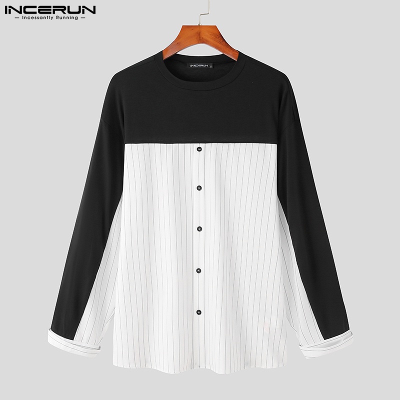 Áo sơ mi baggy INCERUN tay dài cổ thuyền kẻ sọc dáng rộng thời trang cho nam giới