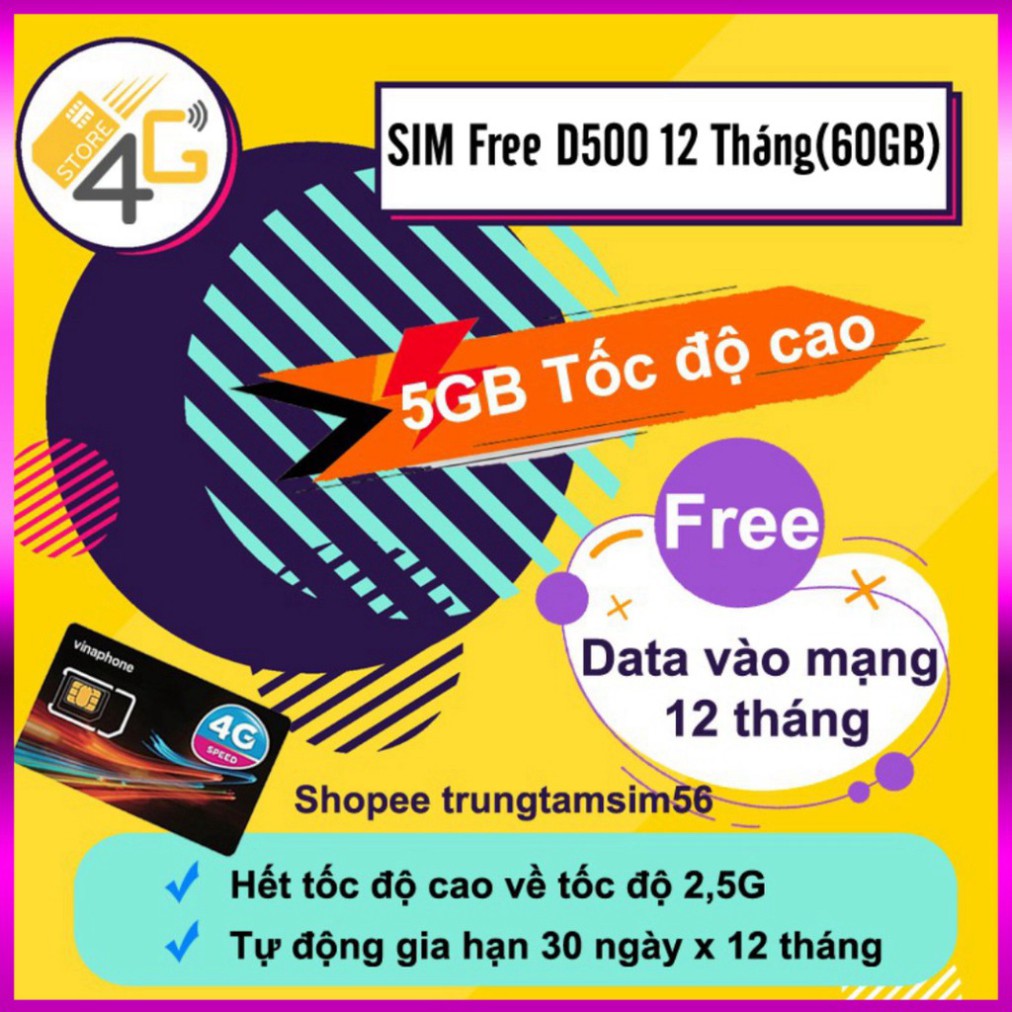 SĂN SÊU MÂY BÀ ƠI Sim Vina D500 ( Miễn phí vào mạng 12 tháng , Tốc độ 4G ) , Sim bảo hành 12 tháng , chính hãng  vinapho