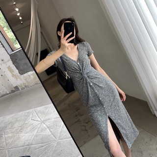 Đầm thun len gân xoắn eo