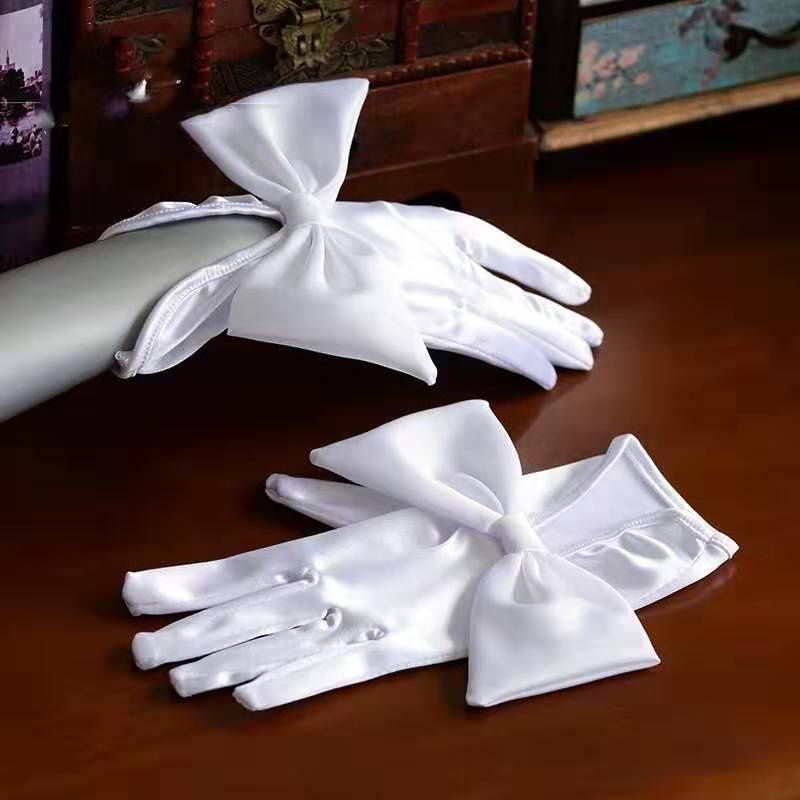 [Aishang Phụ Kiện Đẹp] Găng Tay Ngắn Bằng Satin Thắt Nơ Đen Dùng Khi Biểu Diễn Đám Cưới / Biểu Diễn Sân