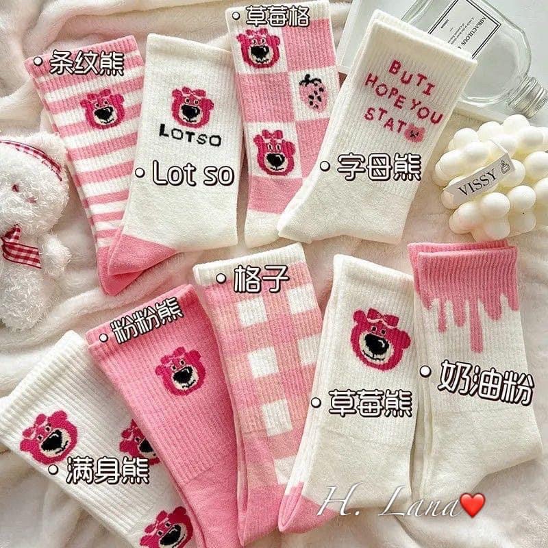 SET 10 ĐÔI TẤT GẤU HỒNG🍁FREESHIP🍁Tất nữ cổ cao hoạ tiết hình gấu lotso dễ thương chất liệu co giã