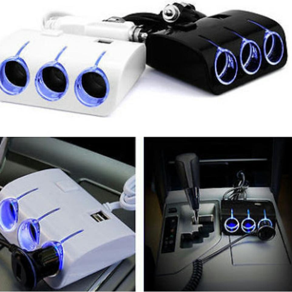 Nhiều cổ phiếu ✸➭ Ổ Cắm Bật Lửa Điện Tử 3 Ngăn + 2 Cổng Usb Đèn Led Xanh Dương Cho Xe Hơi
