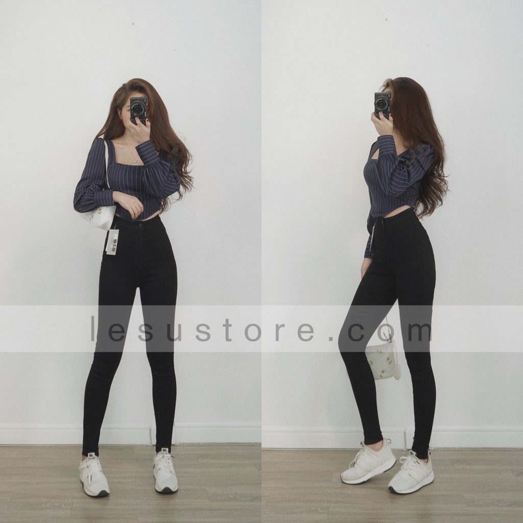 ẢNH THẬT Quần Jeans Skinny đen dài lưng cao không túi