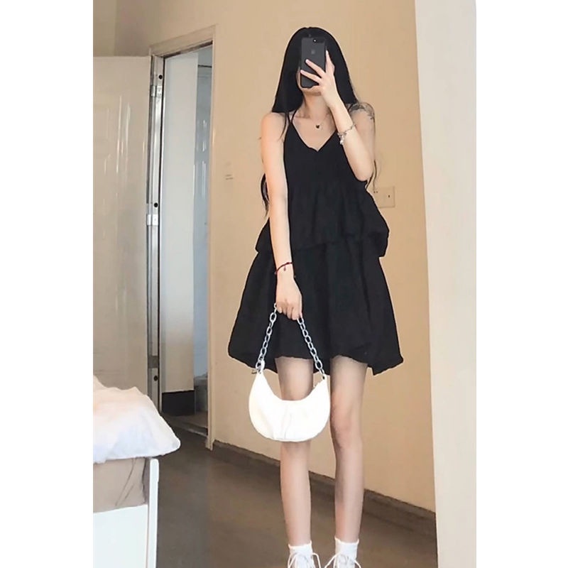 Đầm Hai Dây Dáng Chữ a Eo Cao Cổ Chữ v Phối Bèo Và Chân Váy Chữ a Eo Cao Phong Cách Hàn Quốc Dành Cho Nữ