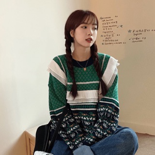 Áo Len Thổ Cẩm Xanh Lá Áo Len Cổ Tròn Bèo Vuông Mix Màu Cực Cute