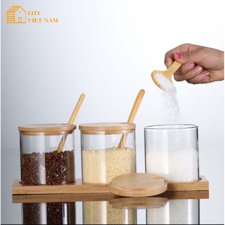 [FREESHIP] Bộ 3 hũ lọ đựng gia vị thủy tinh nắp gỗ - Decor trang trí nhà bếp | BigBuy360 - bigbuy360.vn