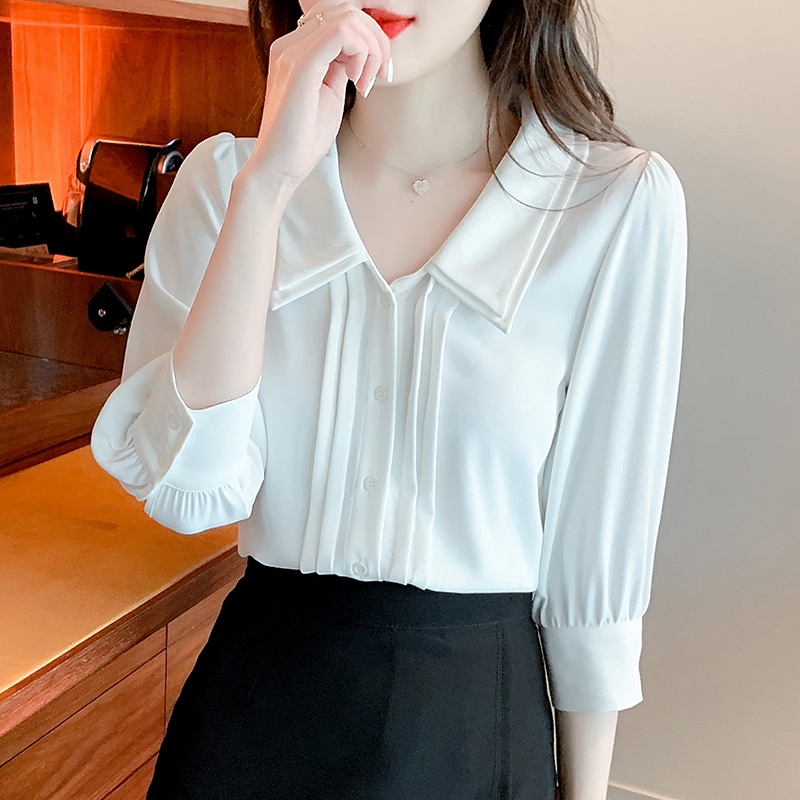 Áo Sơ Mi Chiffon Tay Lửng Cổ Búp Bê Xếp Ly Hai Lớp Màu Trắng Thời Trang Mùa Hè Dành Cho Nữ