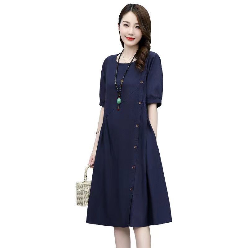 Đầm Cotton Lanh Dáng Rộng Che Phủ Bụng Phong Cách Phương Tây Thời Trang Mùa Hè 2022 Dành Cho Phụ Nữ Trung Niên