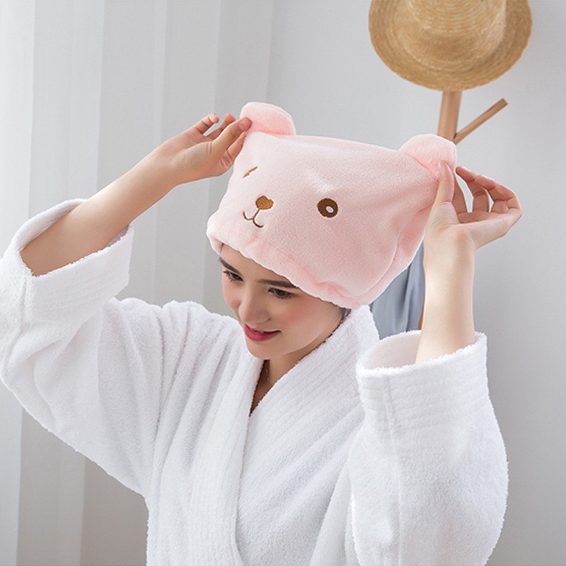 Khăn gội đầu quấn tóc thấm hút tốt, chất liệu mềm mịn, dày dặn có hình gấu cute