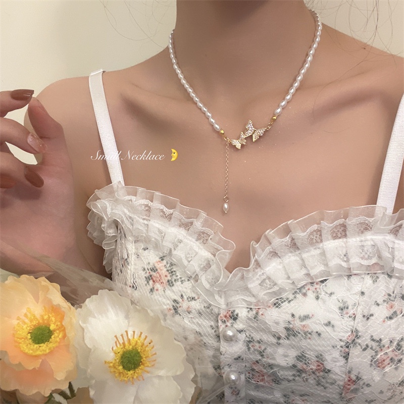 Vòng cổ Mặt Hình Bướm Đính Ngọc Trai Nhân Tạo Thời Trang Dành Cho Nữ