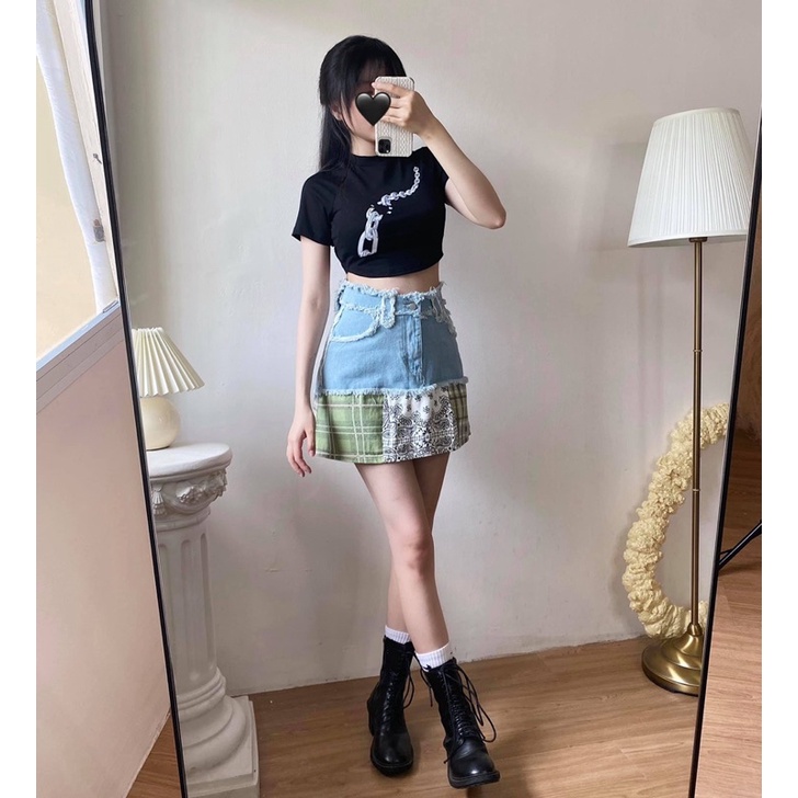 Áo crop thun ĐEN họa tiết xích gãy