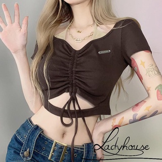 Áo croptop ngắn tay giả hai lớp phối dây rút thời trang cho nữ