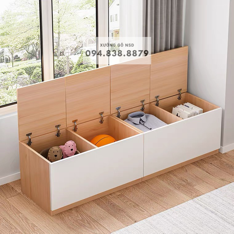 Tủ gỗ thấp ngăn chứa đồ cánh lật tủ kê dọc tường cửa sổ nhiều ngăn gỗ MDF nhập khẩu chống ẩm nhỏ gọn tiện lợi