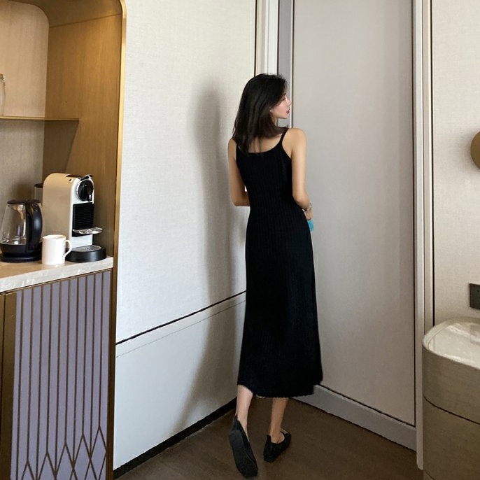 Đầm SUXI hai dây dệt kim màu trơn phong cách vintage thời trang mùa xuân dành cho nữ