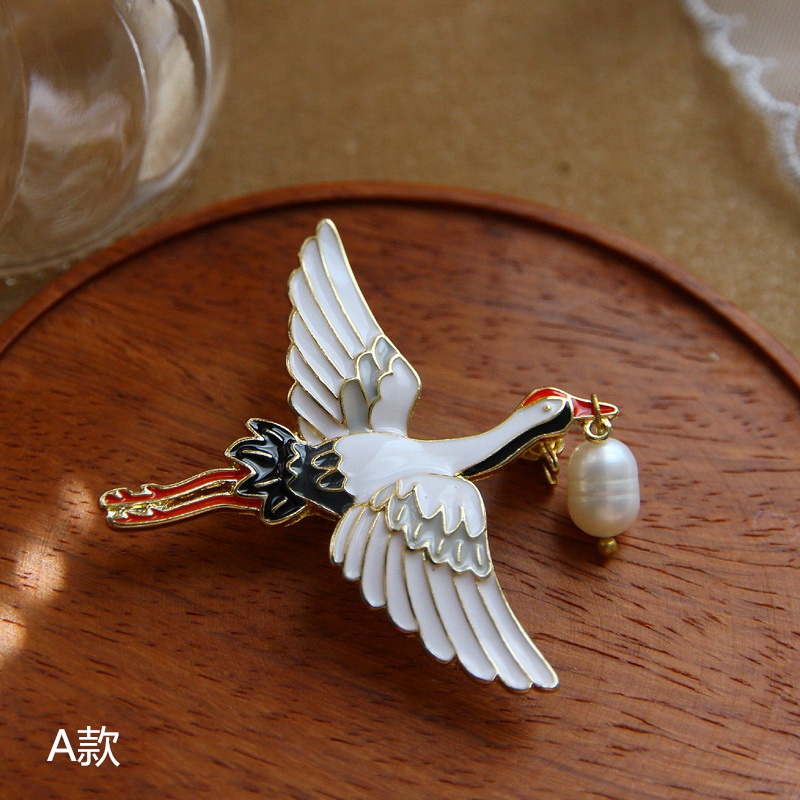 Ghim cài áo bằng kim loại hình chim hạc phong cách cổ điển thanh lịch dành cho nữ