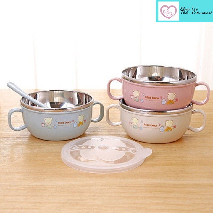 Bát ăn dặm giữ nhiệt 2 lớp ruột inox kèm thìa và nắp đậy có 2 tai cầm cho bé