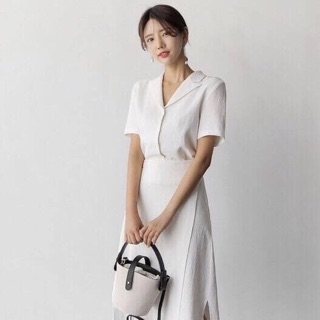 Đầm cổ vest, váy công sở màu trắng đắp tà (kèm hình thật)