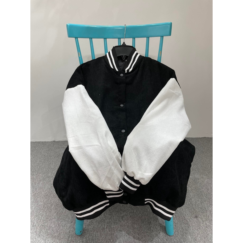 Áo Bomber Varsity Jacket Unisex Form Rộng Nhung Tăm 2 Lớp Phối Tay Trơn