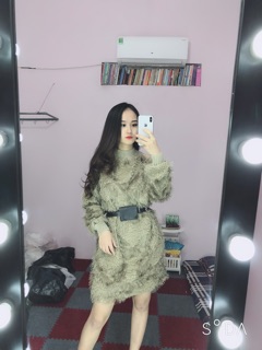 Váy len pha lông kèm đai sang chảnh