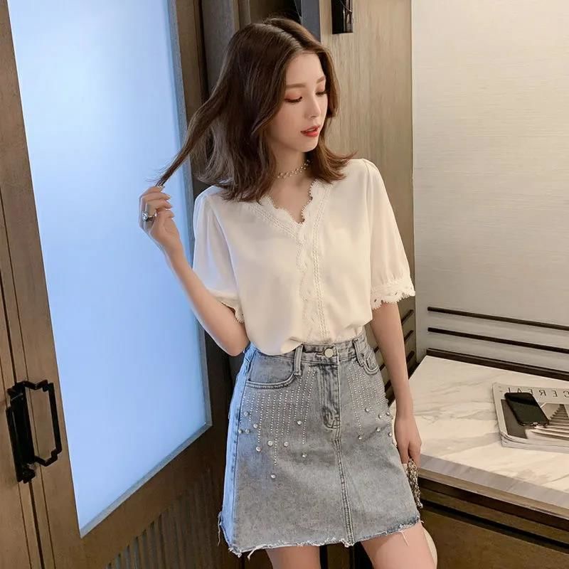 Áo Sơ Mi Trơn Ngắn Tay 161410 Áo Sơ Mi Chiffon Cổ Chữ v Dáng Rộng Phối Ren Phong Cách Phương Tây