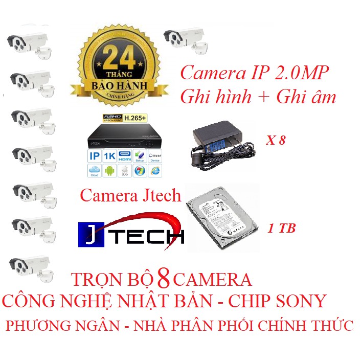 Bộ 8 camera ip 2.0MP(Ghi hình +Ghi âm+cảnh báo chuyển động gửi tin nhắn) + đầu ghi + ổ cứng + nguồn camera