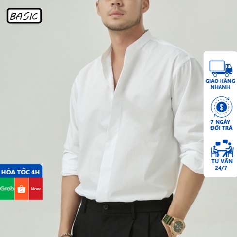 Áo sơ mi nam BASIC cổ đứng kiểu dáng đi học đi làm vải cotton co dãn thoáng mát