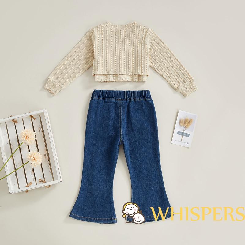 Set Áo Thun Dài Tay Trơn Màu + Quần Denim Ống Loe Thời Trang Dành Cho Bé Gái