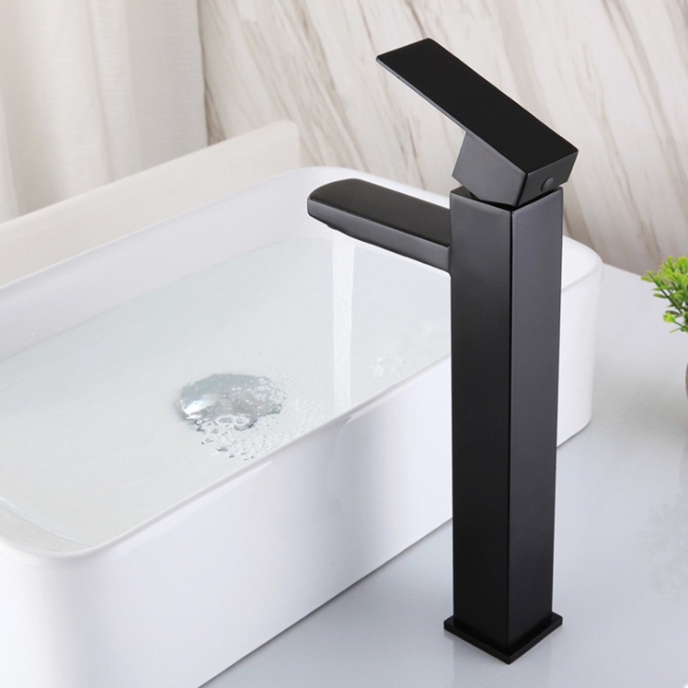 (Hàng mới về) Vòi Lavabo, vòi bồn rửa mặt nóng lạnh thân vuông inox 304 màu đen sang trọng cao 30cm - QM.VR024