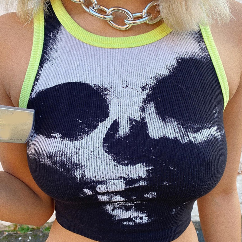 Brroa Áo Croptop Sát Nách In Hình Đầu Lâu Phối Màu Tương Phản Cá Tính Cho Nữ