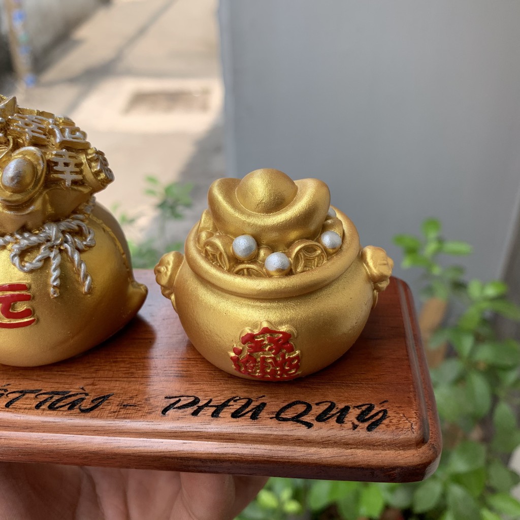 2 tượng bao tiền phong thủy chiêu cầu tài lộc kèm đế gỗ - Chiều Cao 7cm